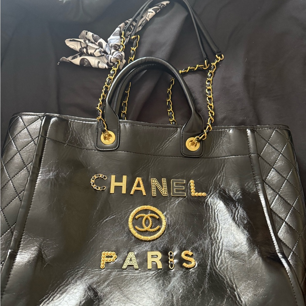 Chanel Black and Gold Quilted Tote Bag